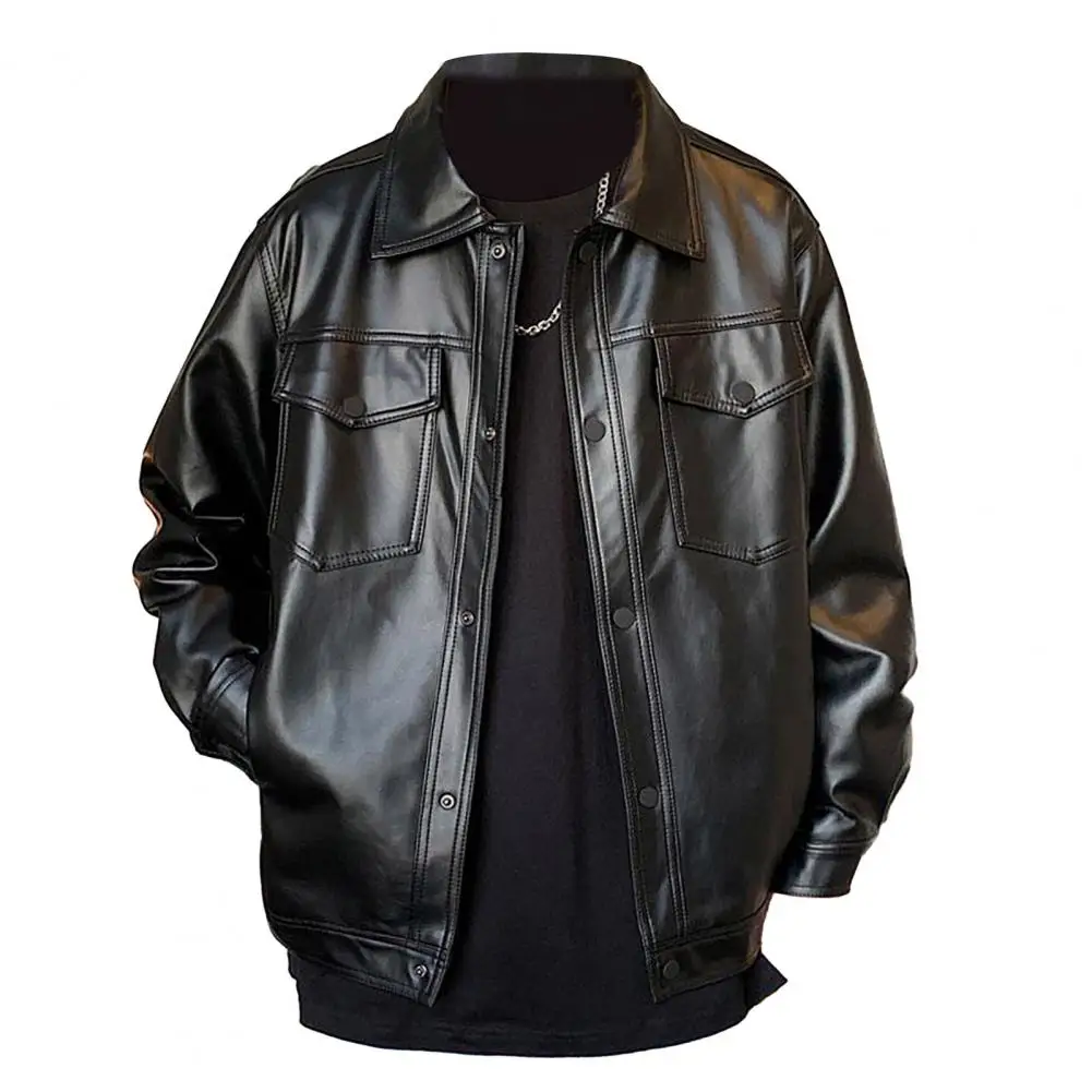 2024 Winter Black Leather Jacket Men Warm Motorcycle Jacket Slim Street Fashion BLack Biker Coat Button Winter