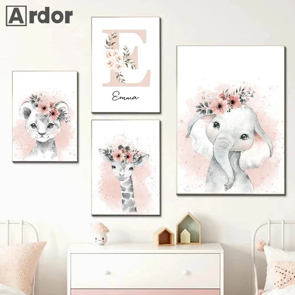 Nordic Custom Name Poster Personalized Animal Canvas Painting Pink Flower Lion Elephant Wall Art