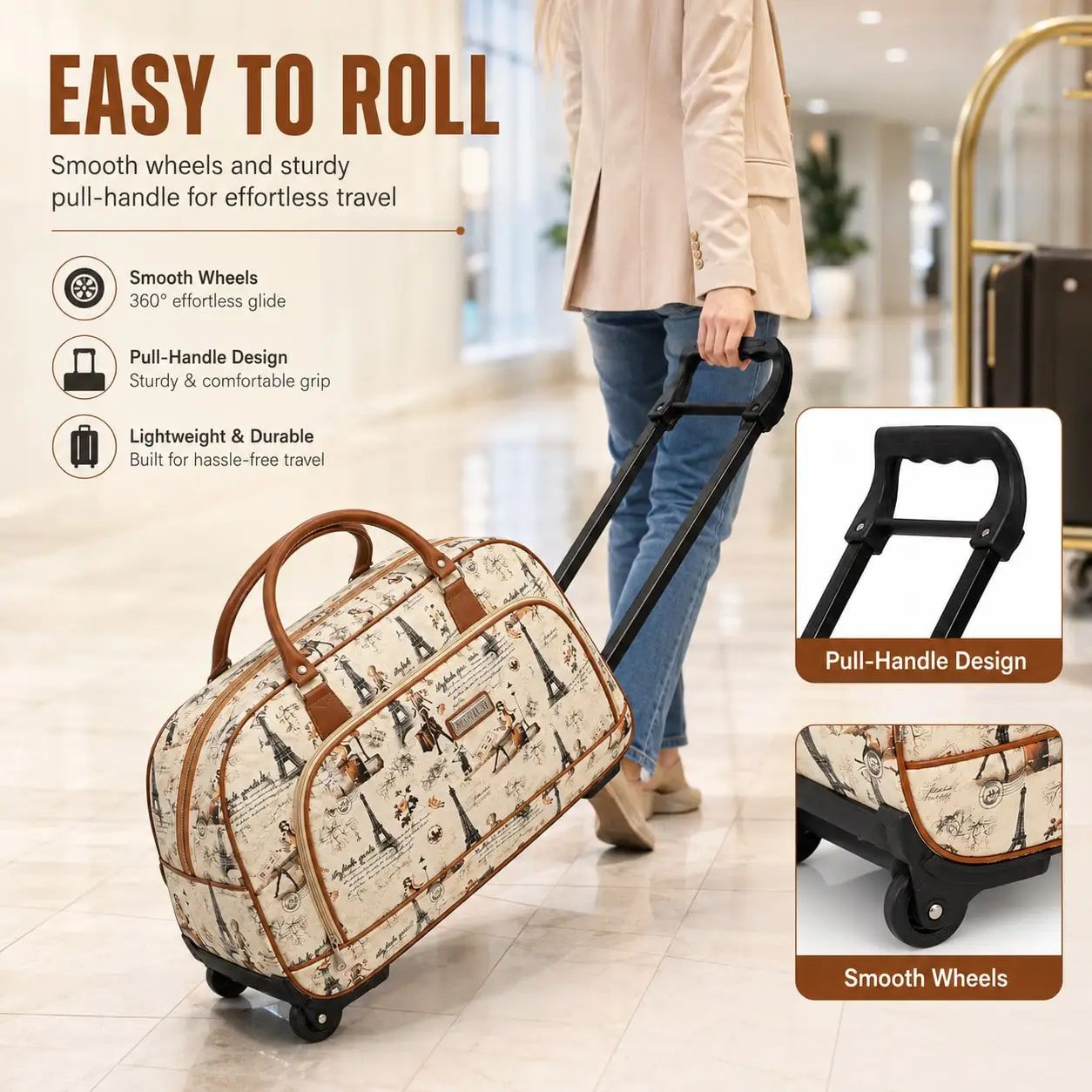 Capacity PU Leather Rolling Duffel Bag Carry On Luggage For Short Business Trips And Air Travel