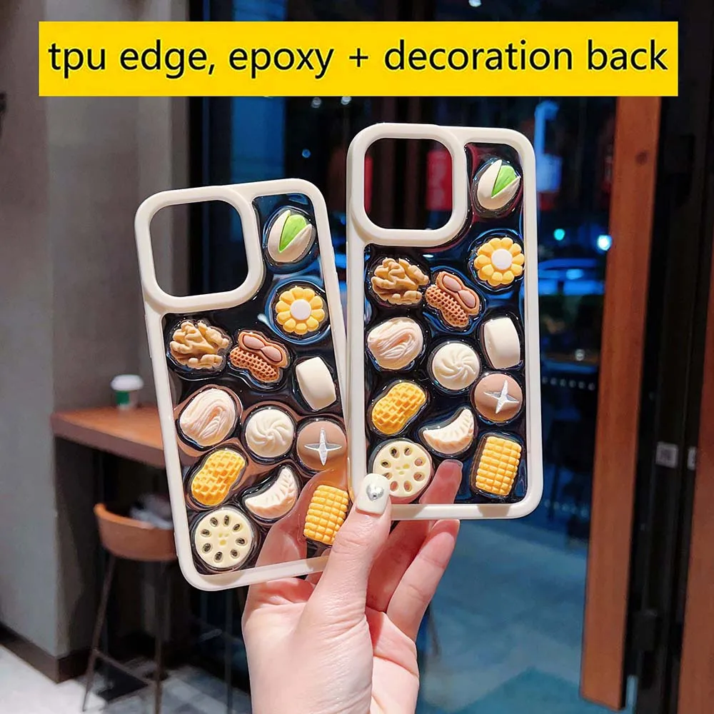 3D Epoxy Corn Peanuts Food Case For iPhone 16 15 14 13 12 11 Pro Max Plus Clear Soft TPU Cover Skin