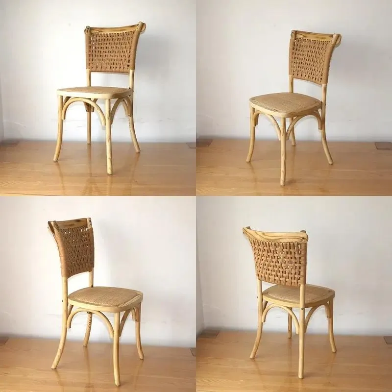 Solid Oak High Back Dining Chair Vineyard Wood Rattan Woven Scandinavian Style for Home Office Gym Wedding Event Vintage