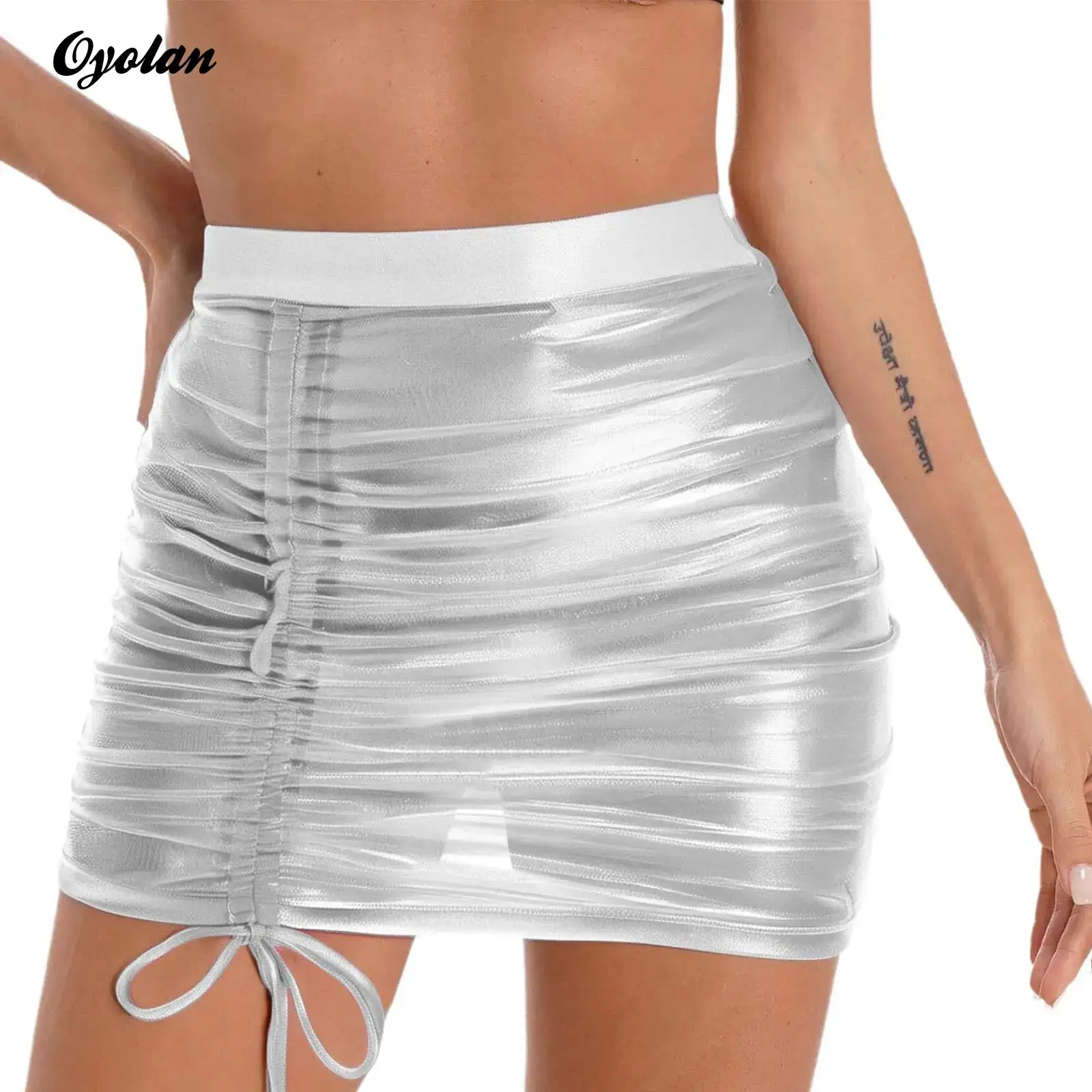 Womens doorzichtige pure gotische strakke korte rok sprankelend metallic verstelbaar trekkoord sexy buit hijsrok clubwear