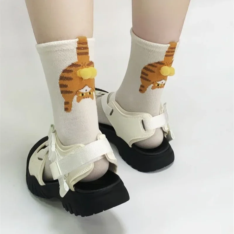 Cartoon Cat Egg Socks for Couples Maternity Spring Summer Stacking Style Fashion Middle Tube Sock for Daily All Season Use