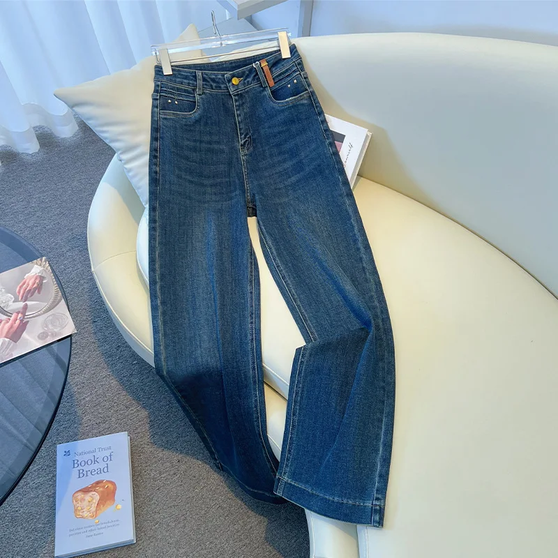 

Wide-leg Jeans Women Spring And Autumn High Waist Loose Look Thin Washed Cotton Draping Blue Straight Leg Pants