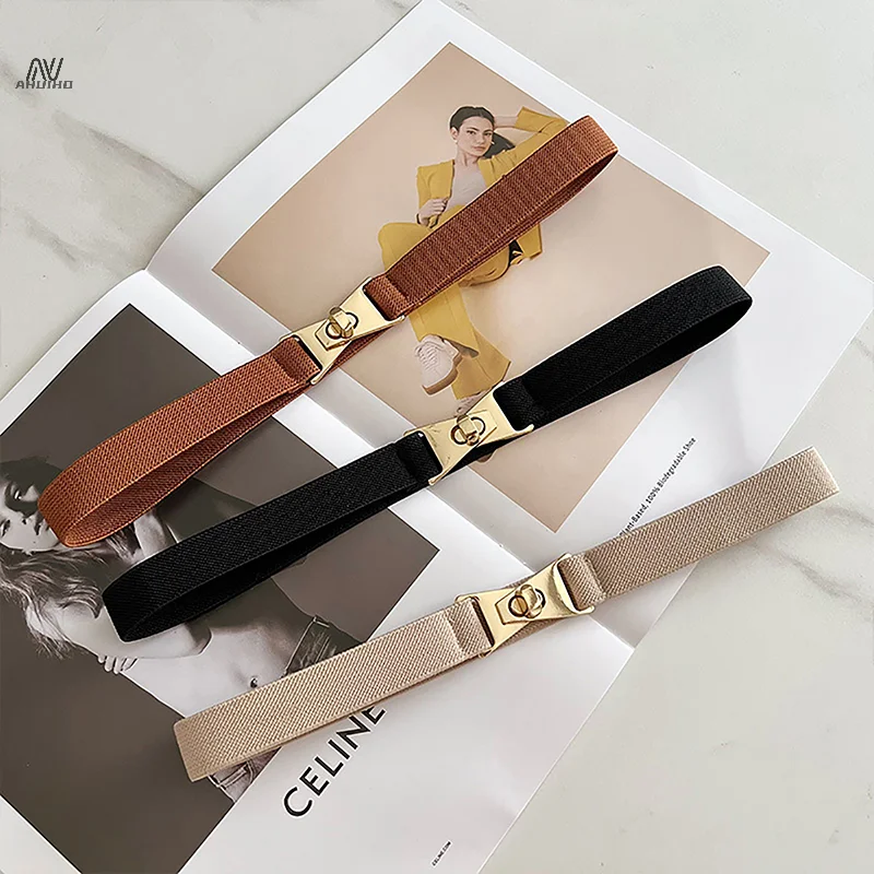 

Fashion Elastic All-match Belts For Women Black Color Metal Buckle Thin Belt Casual Ladies Suit Dress Sweater Coat Waistband