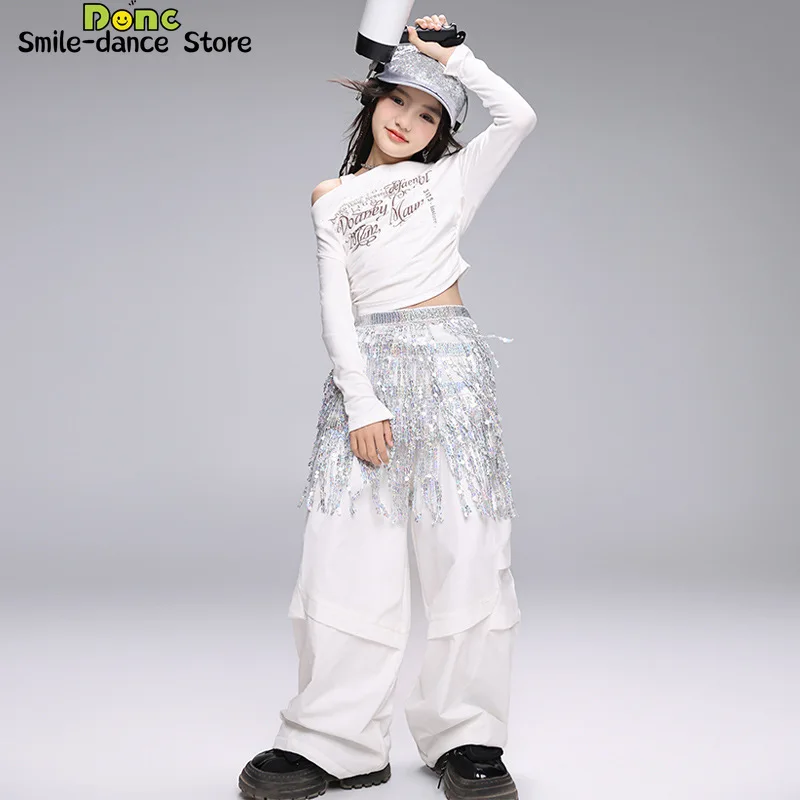 

Girls Modern Jazz Dance Hip Hop Dance Costumes Long Sleeve Tops White Pants Suit Kids Performance Clothes Children Street Wear