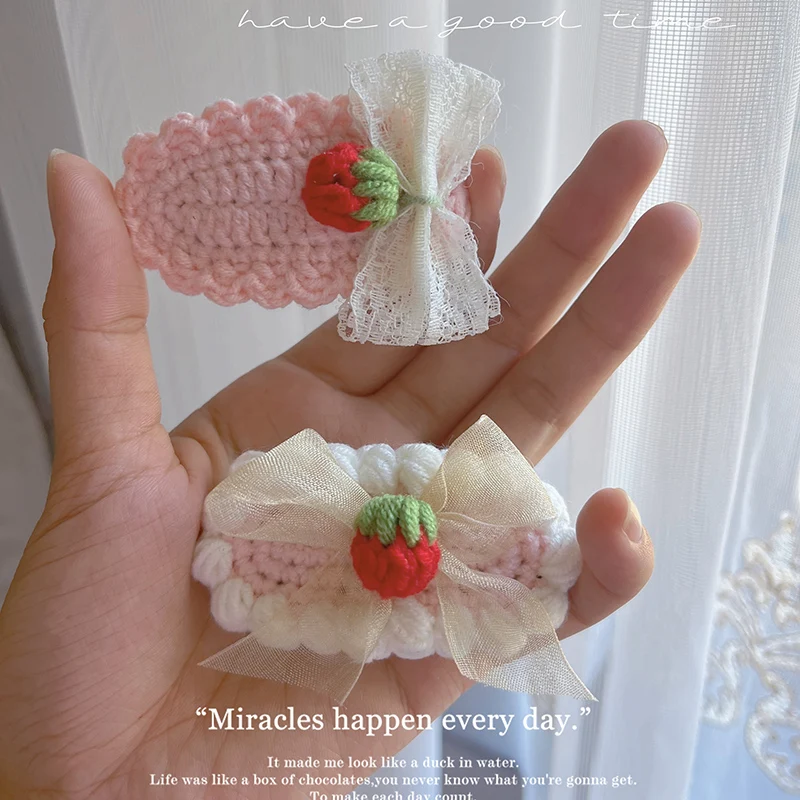 1 Pcs Handmade Wool Knitting Strawberry Vintage  Hairpin Children Crochet Hair Accessories Girl Trim Clip Sakura Pink