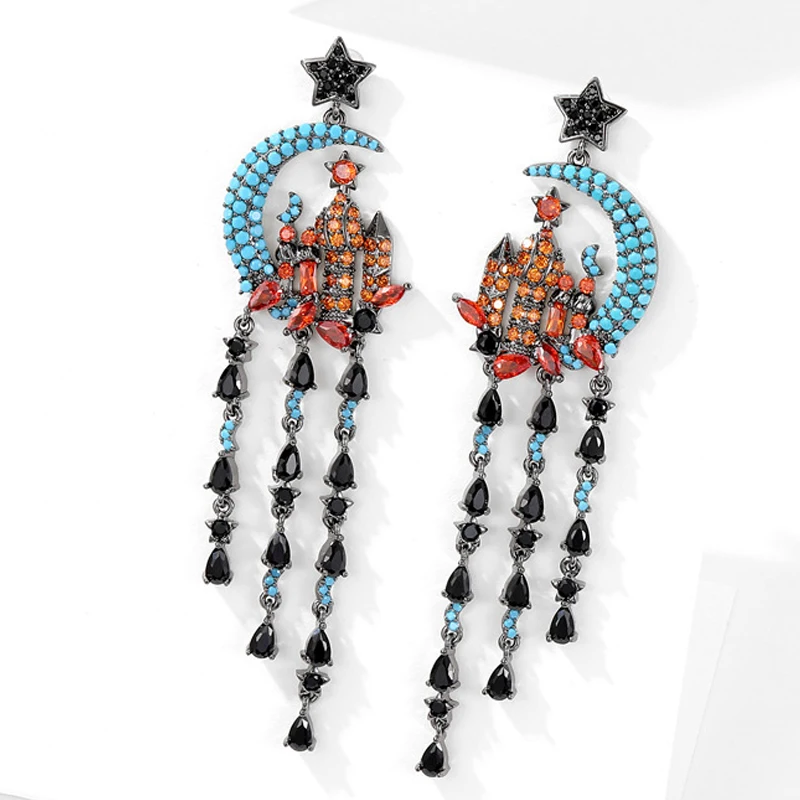 Pink Blue Orange Zirconia Castle Earrings Long Chain Tassel Pendant Moon Star Earrings Sweet Cute Jewelry Party Gift
