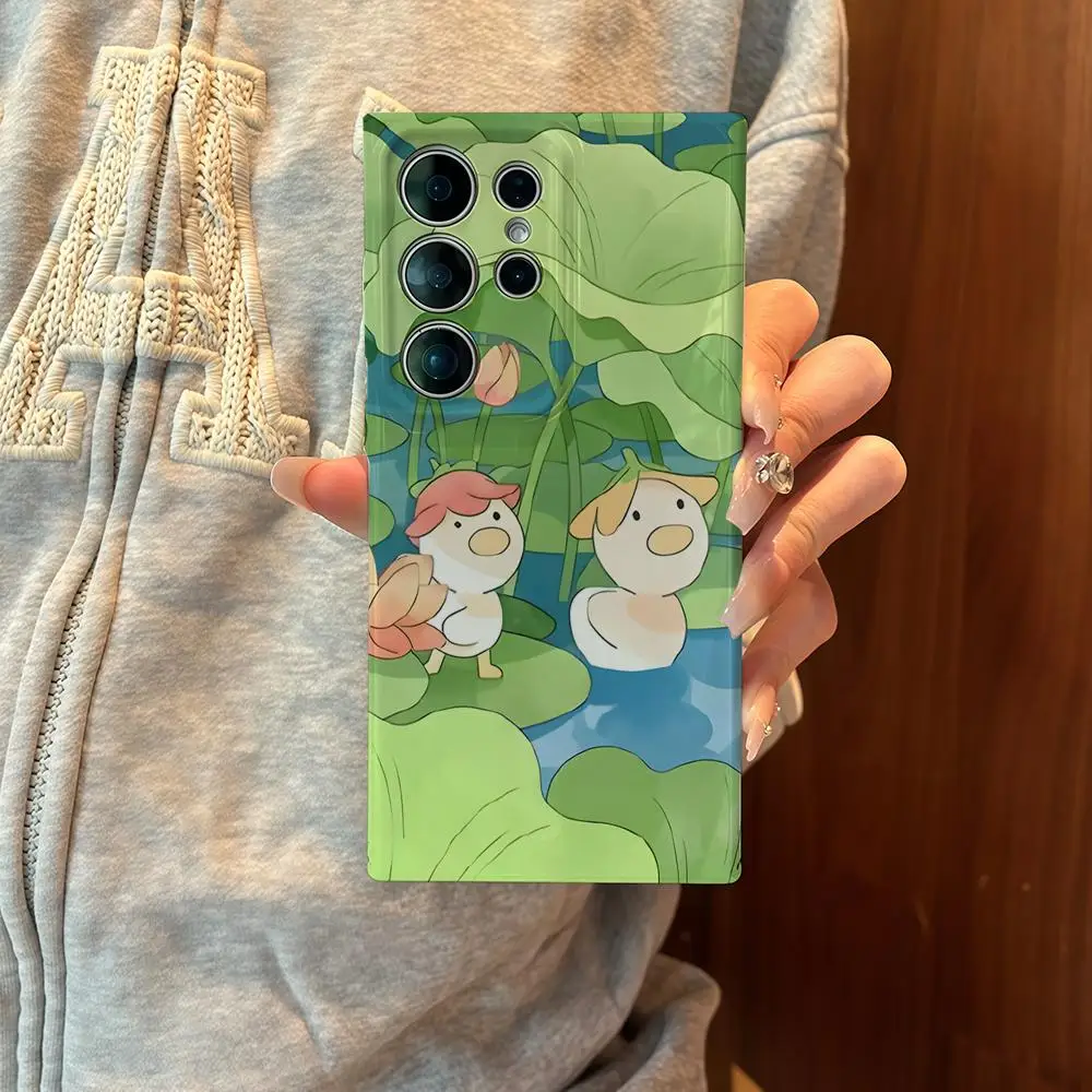 

Green Plant Cute Cat Design Phone Case for Samsung S25/Galaxy S24 Ultra 23+ S22 21 A56 36 Glossy Film Hard PC Cover Shell