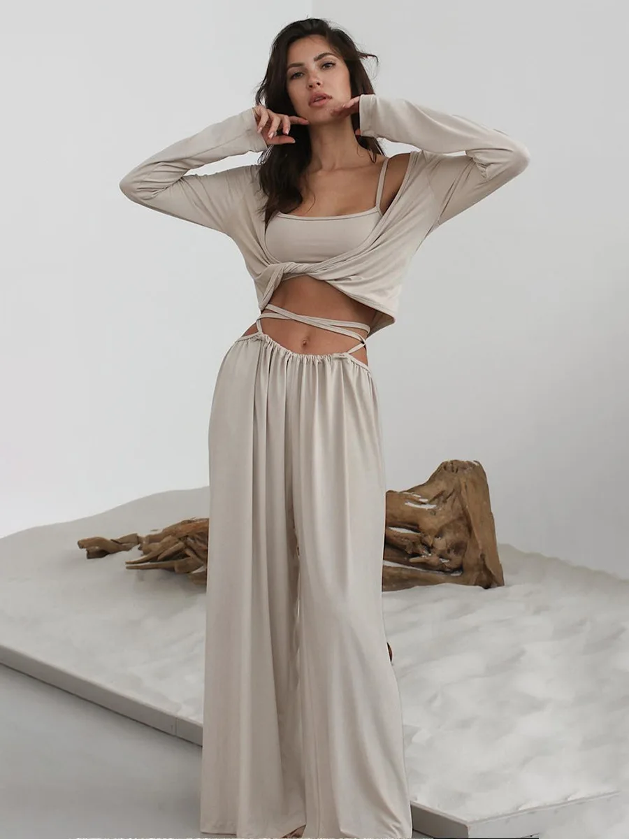 Muzuleva ملابس داخلية نسائية بأكمام طويلة سراويل طويلة بيجامة 3 قطع مجموعة 2025 خريف جديد ملابس نوم مرنة ملابس منزلية #1