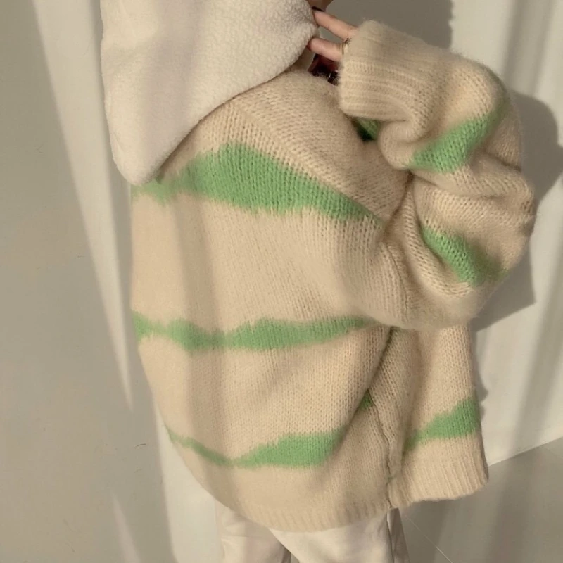 الخريف والشتاء موضة جديدة الخامس الرقبة المرأة سترة بأكمام طويلة فضفاضة وأنيقة مخطط المتناقضة تريكو مكتب #5