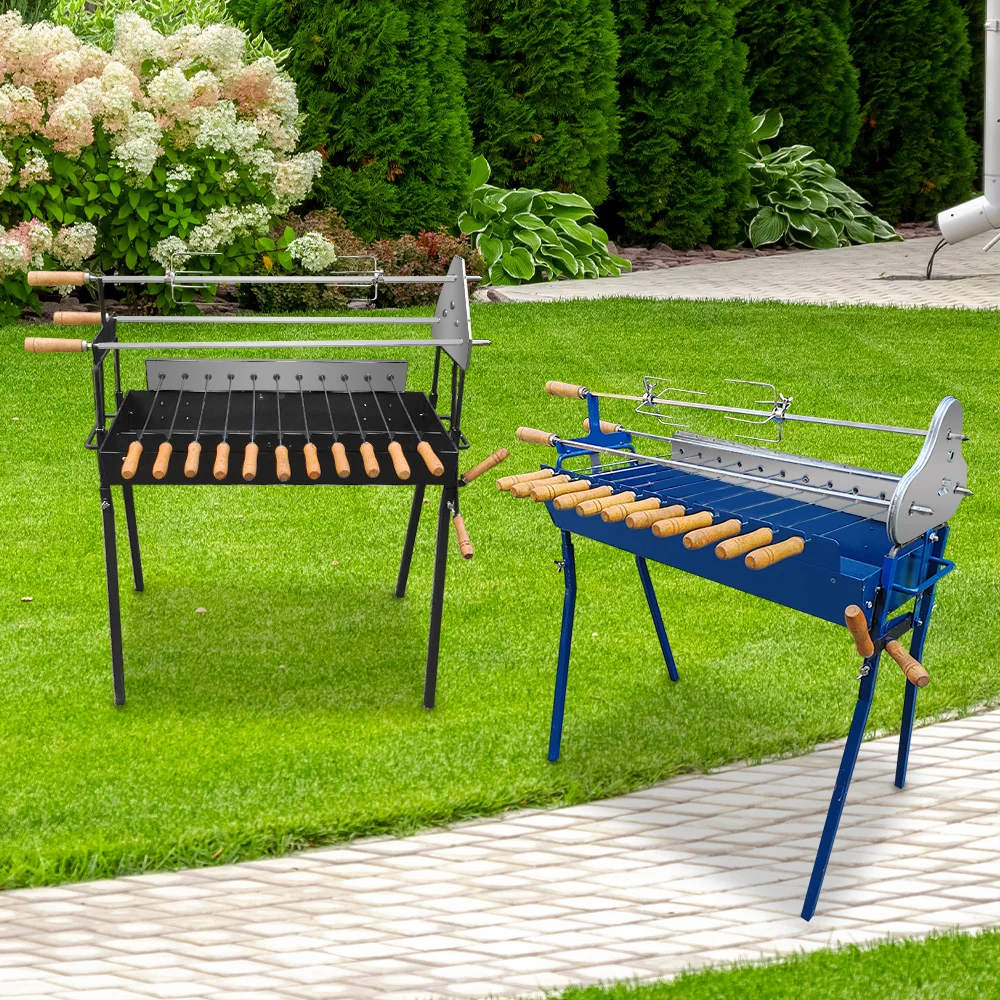 Manufacturer's Customizable BBQ Grill 11 Small & 3 Large Skewers Blue & Black Motor Option Charcoal Fuel