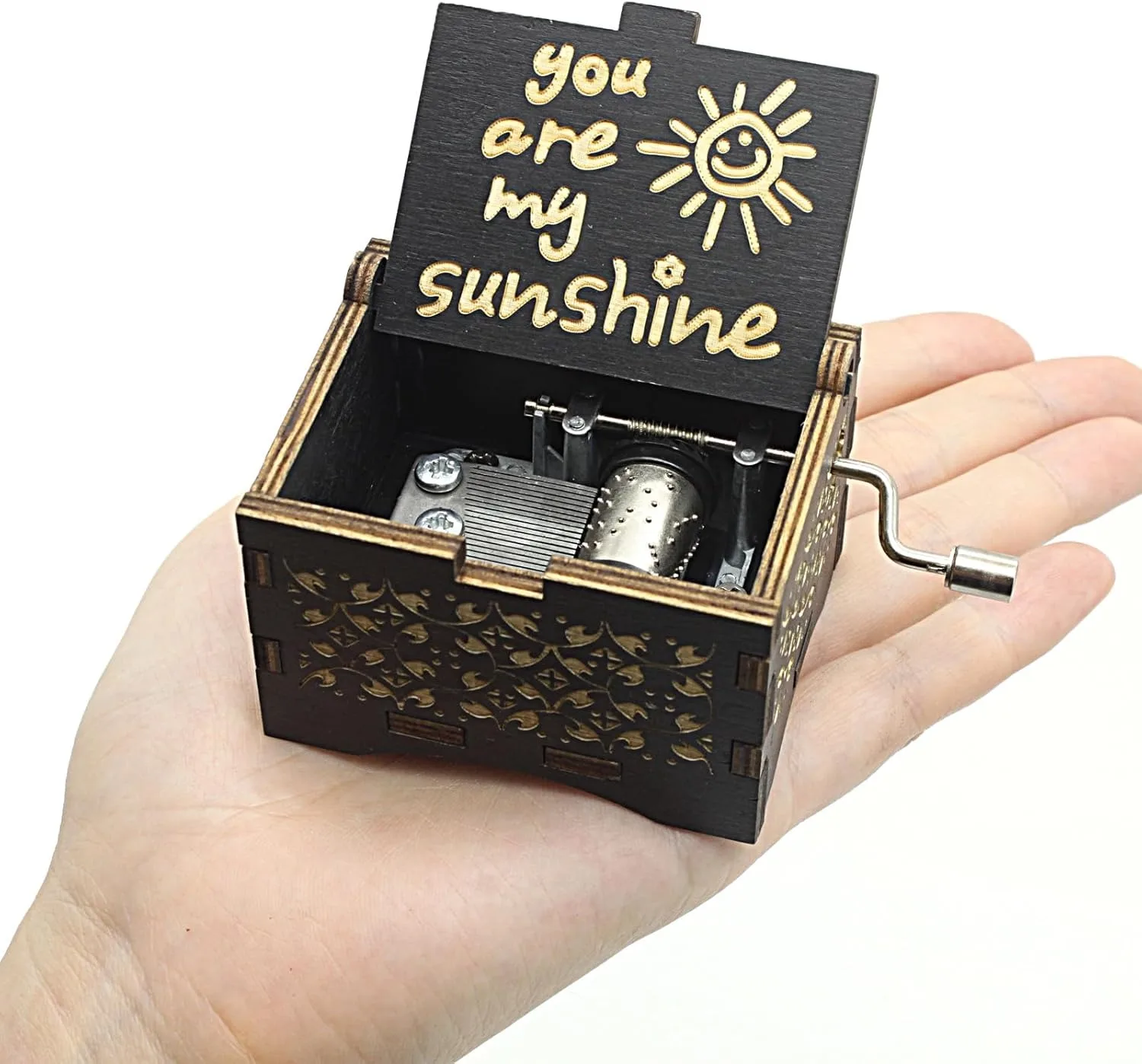 Vintage Black Wooden Hand Crank Music Box Plays You Are My Sunshine, Unique Keepsake Gift for Mom, Daughter and Wife, Perfect Present for Birthday, Anniversary, Christmas, Valentine’s Day & Mother’s Day