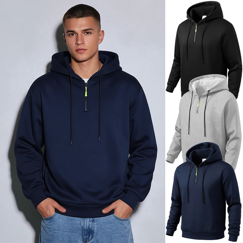 Herren-Kapuzenpullover mit Reißverschluss, Frühling/Herbst, warm, gemütlich, mit Fleece gefüttert, sportlich, lässig, langärmelig, Kapuzen-Sweatshirts