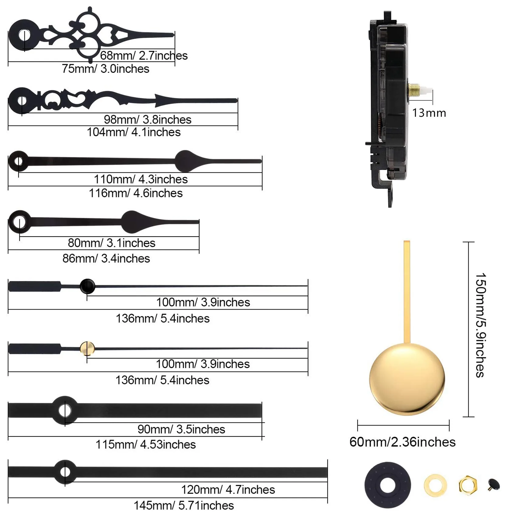 DIY Pendulum Clock Movement Mechanism with 3 Pairs Different Hands Quartz Repair Shaft Wall Clock Kit Parts Replacement