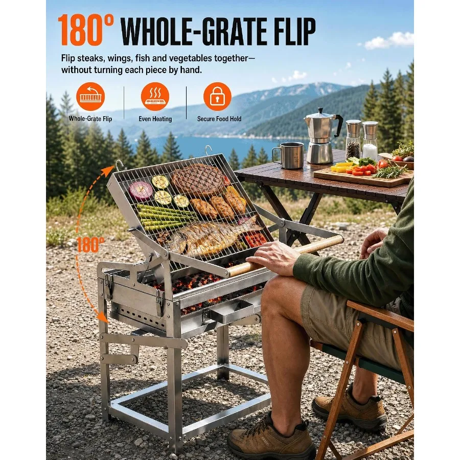 Rotating Barbecue Grill - 180° Flip Grill for BBQ, 5-Layer Adjustable Charcoal Basket, 304 Stainless Steel Mesh, Divided Drawer