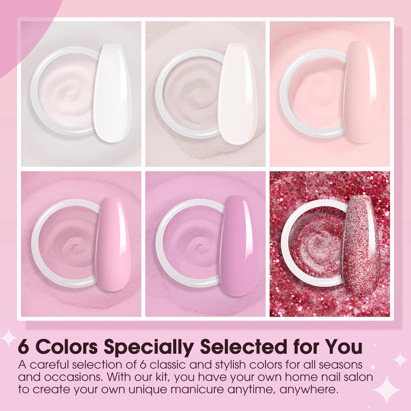 ROSALIND 13PCS Professional Dip Powder Kit 6 Colors Dip Powder Nail Clear Nude Pink Series Dip Powder Colors Set with Base&Top