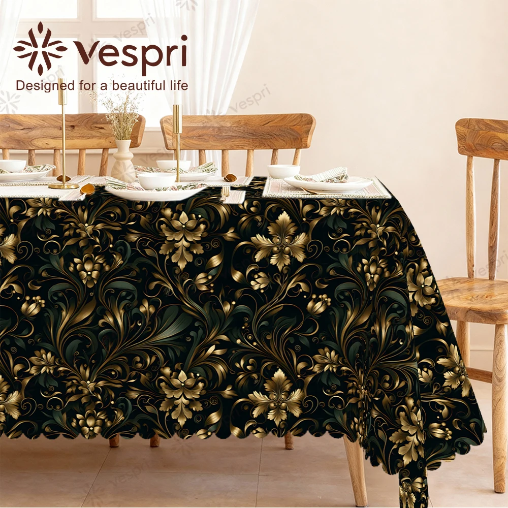 Vespri Florale Oster-Tischdecke Frühlings-Tischdecke Pastell Schwarz-Gold Blumen-Blätter-Muster Rund Rechteckig Oval Polyester für Partys