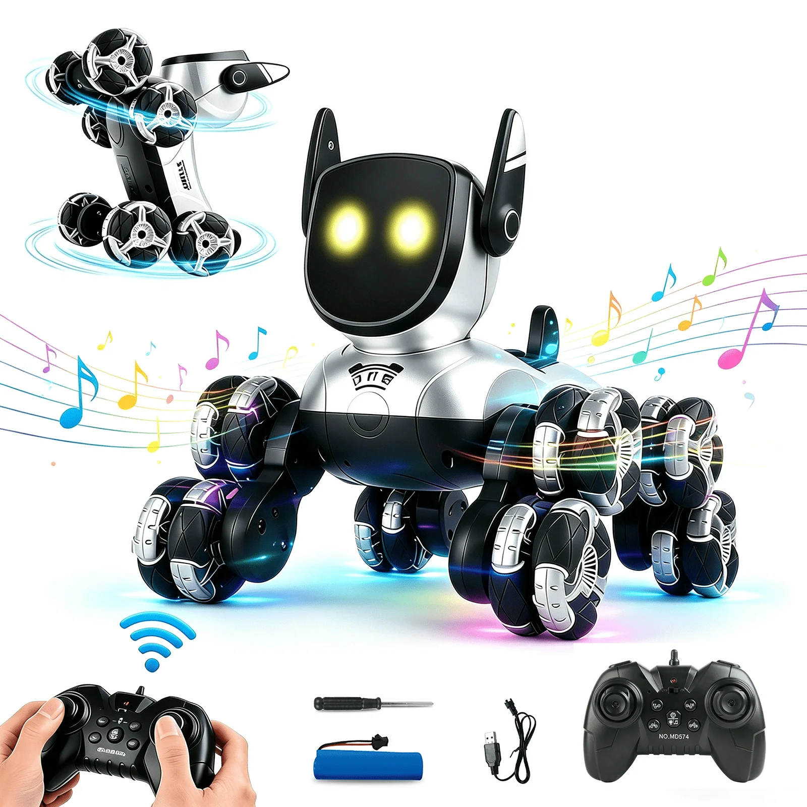 Stunt Eight Wheel Robot Dog Toddler Toys, Interactive Fun And Educational STEM Remote Control Robot Toy, Flexible Head, Dance Moves, Music, Shining LED Eyes For 6+ Year Old Kids Boys Outdoor & Indoor Birthday Gifts