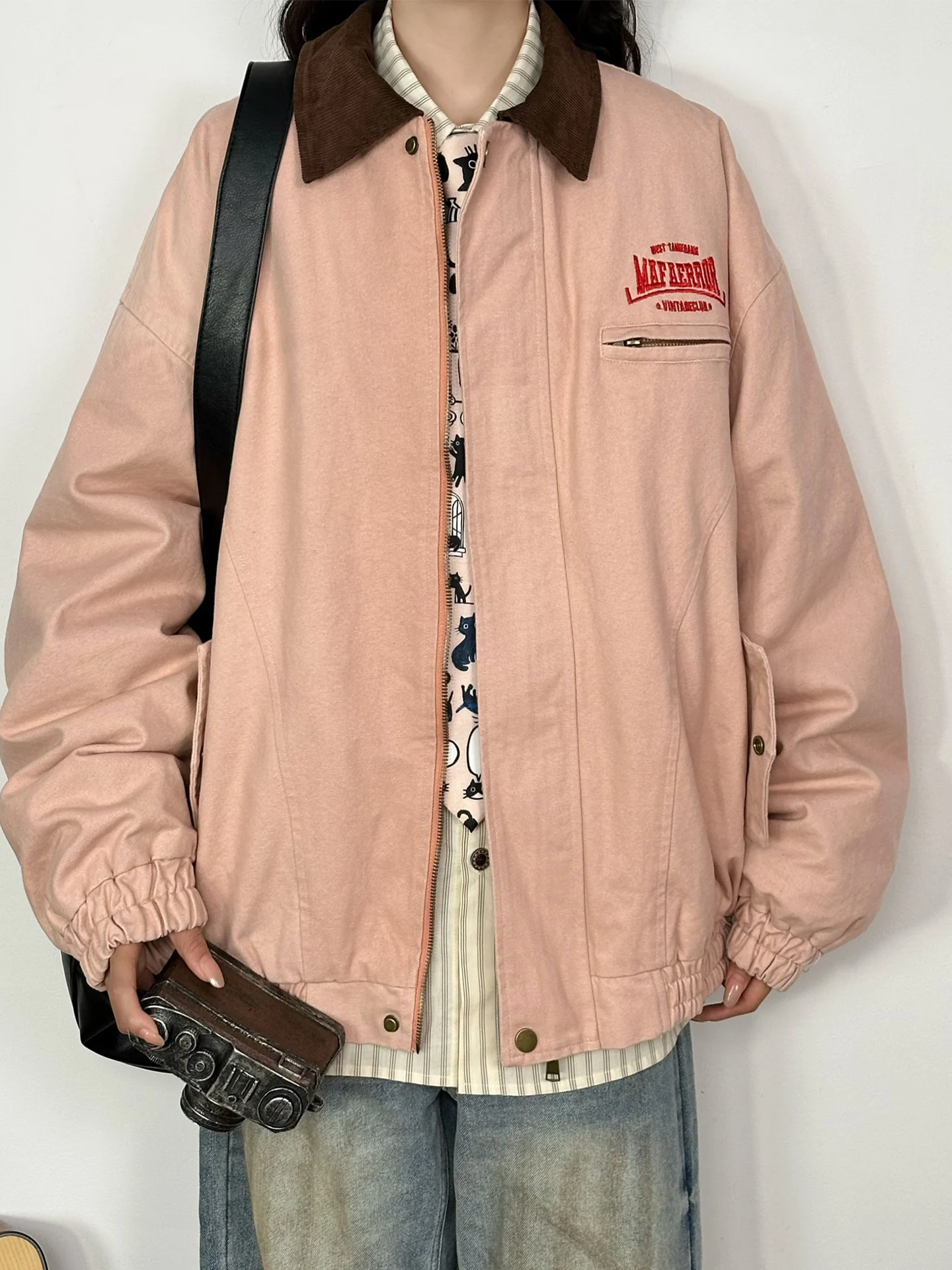 

Original American Retro Fce Lined Jaet Women's Casual Cotton Top Street Sle Loose Fit Long Sve Zipper Closure