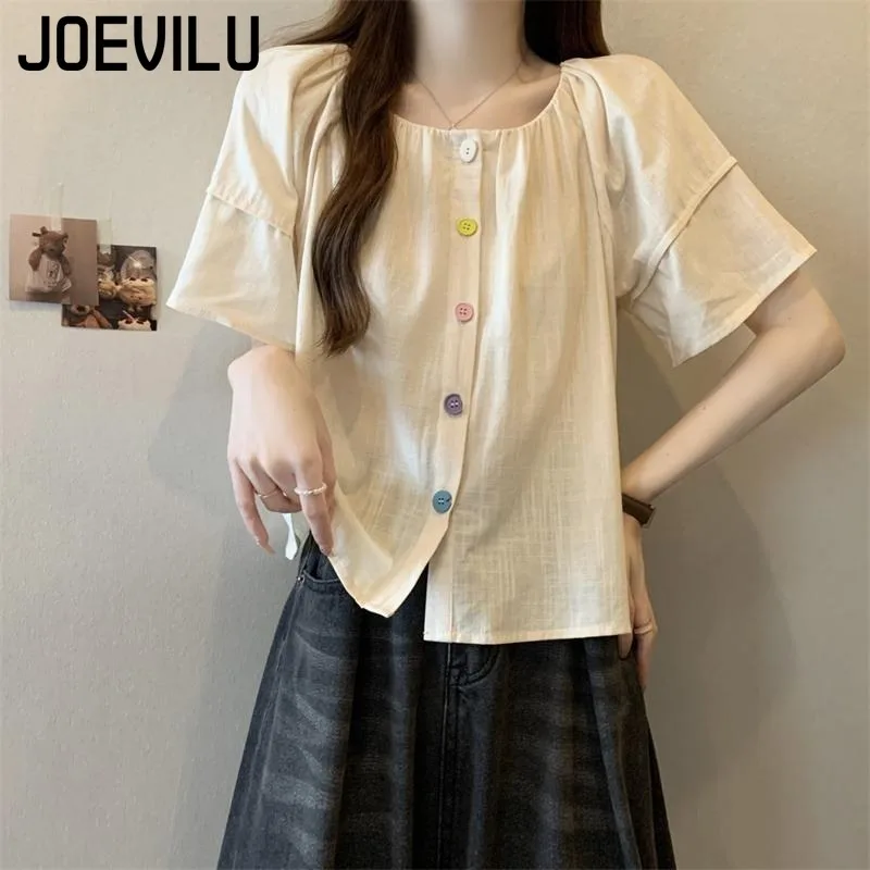 

Big Size Doll Shirt Women's Tops Linen Cotton Puffy Sleeve Shirt Colourful Buttons Tummy Tucking Design Loose Casual Summer Tops