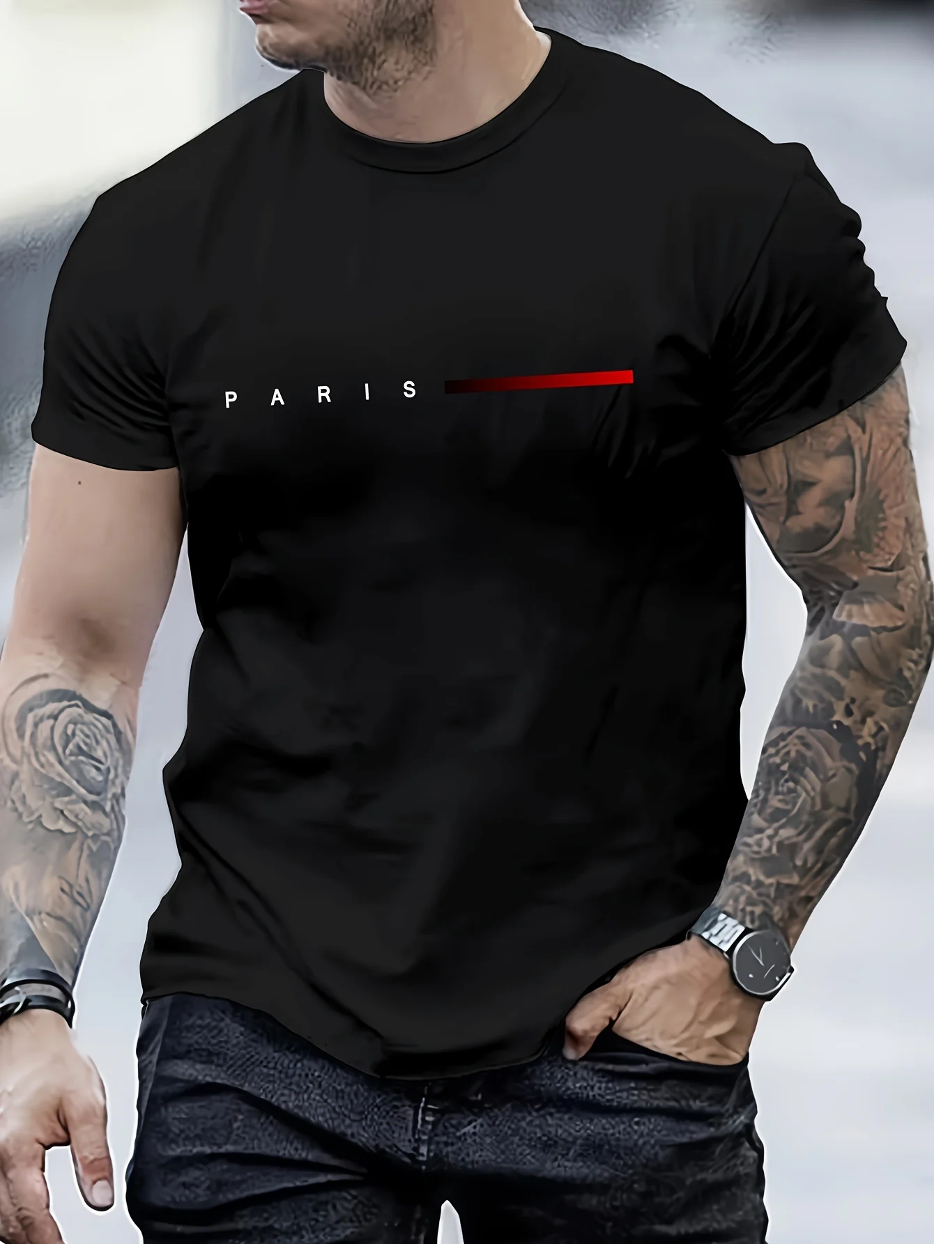 

Men's 100% cotton summer loose PARIS Creative Letter print casual slim fit round neck short sleeved T-shirt top