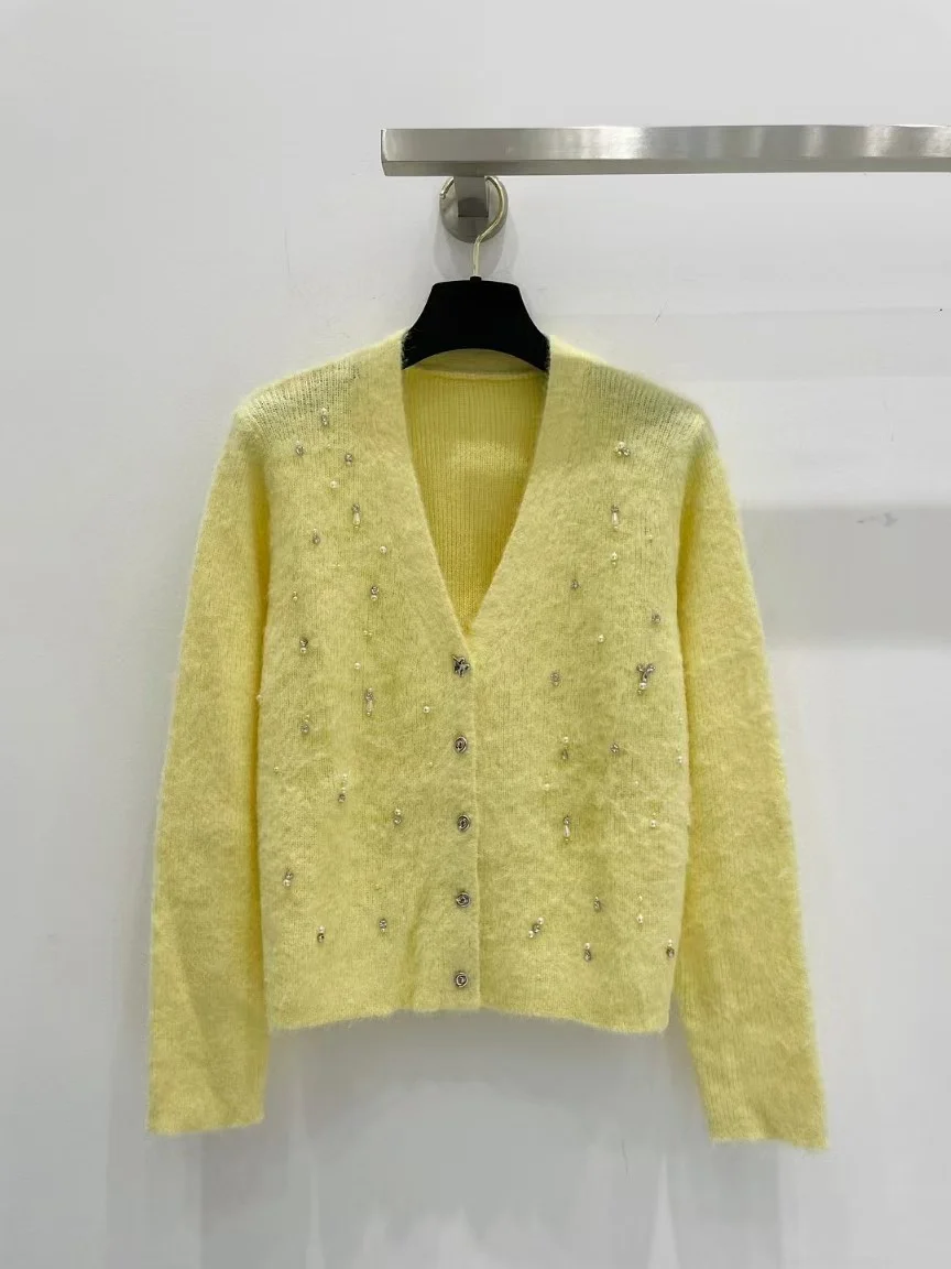 Women's Handmade Wool Knitted Cardigan, Mohai Knitted Cardigan, Inlaid with Diamonds and Pearls, High-end Custom, 2024