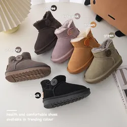 Children Boots Girl's Geniune Leather Classic Button Snow Boots Boy's Soft Sole Thick Plush Warm Winter Boots Size 21-37