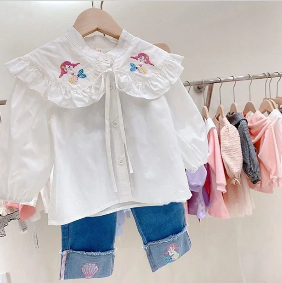 Children Girls\' Clothes Suits 2024 Spring Autumn Baby Girls  Cartoon Shirt Jeans Pants Two-piece Clothing Sets