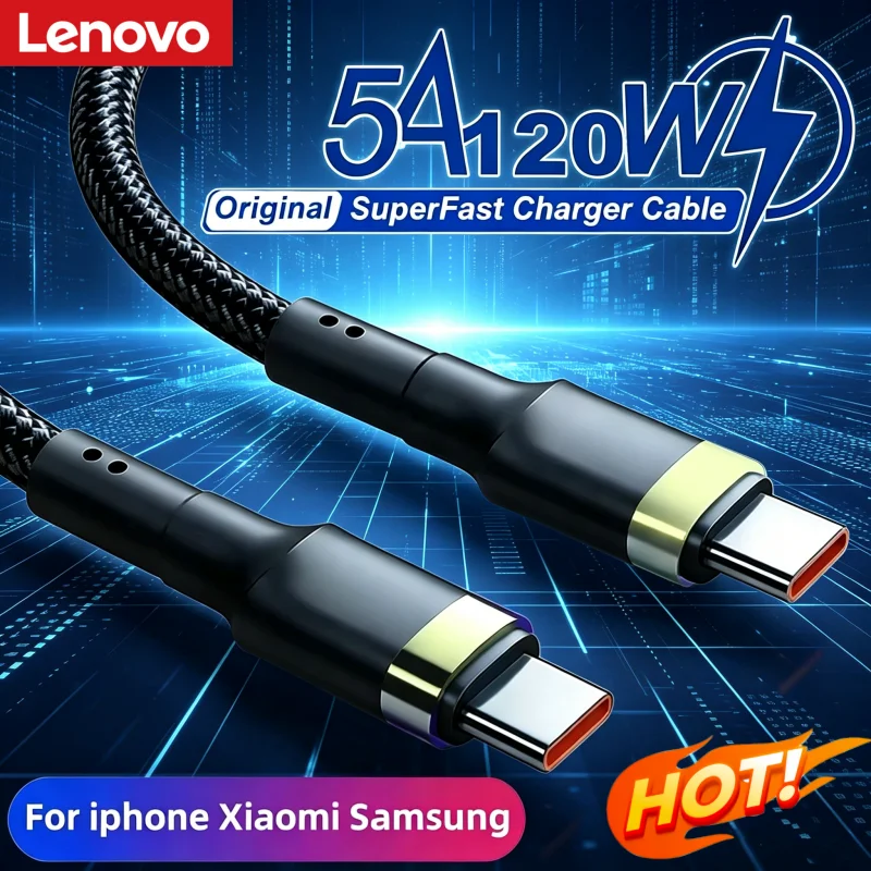 Lenovo 120W Schnellladegerät PD Schnellaufladung Hochwertiges USB-C-auf-USB-Typ-C-Kabel 0,25/1/1,5/2M für iPhone Xiaomi Samsung