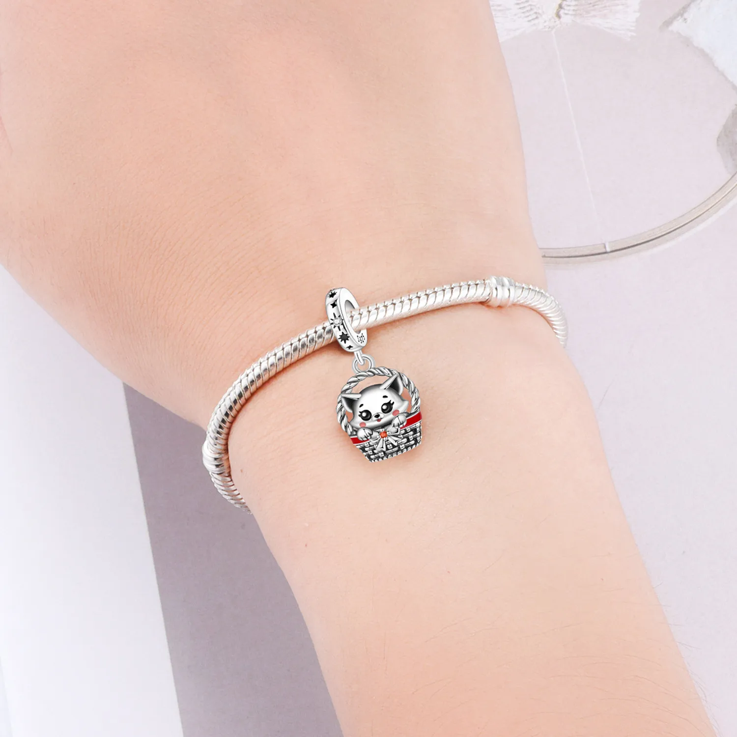 PANPOKI 925 فضة سلة القط الحيوانات الأليفة الحيوان قلادة الخرز المعلقات الأصلية سوار حلية مجوهرات حفلة لتقوم بها بنفسك هدية عصرية #4