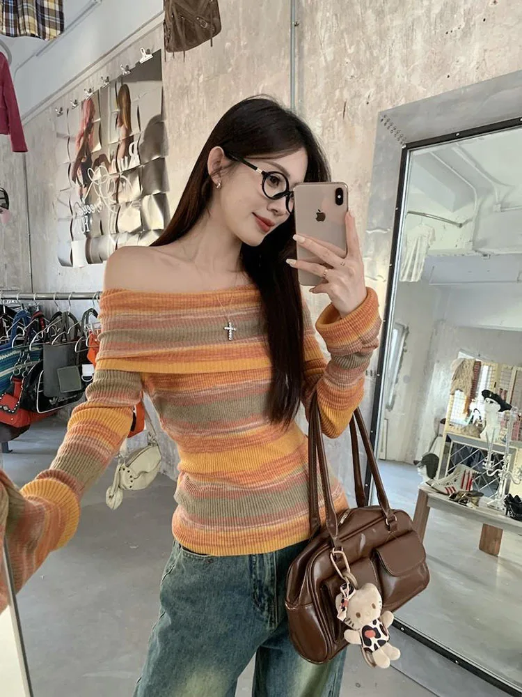 Harajuku Off Shoulder Knitted Sweater Women Vintage Green Striped Jumper Fairycore Slim Y2K Tops