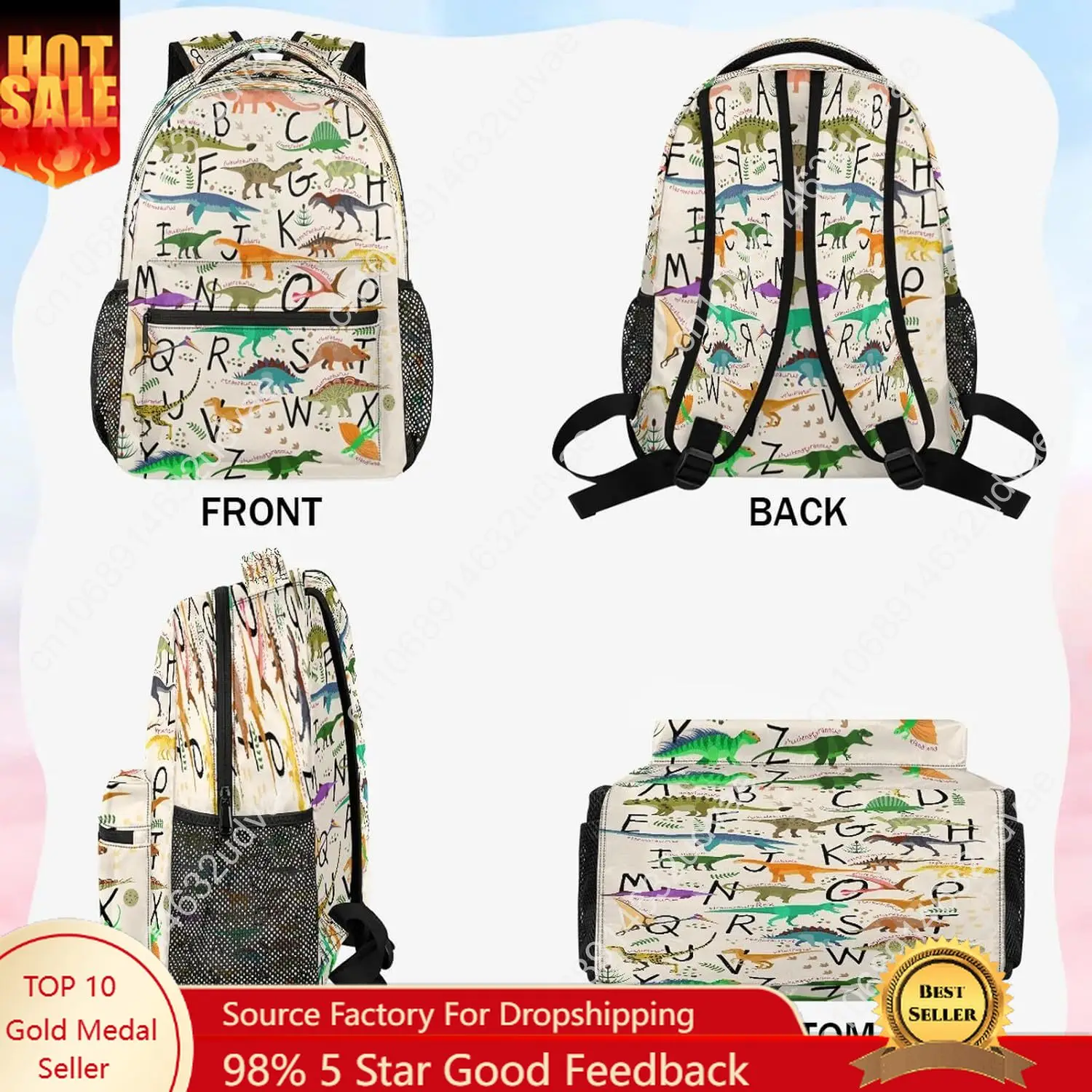 AUUXVA Alphabet Dinosaur Backpack for School Kids Girls Boys Education Letter Bookbag Laptop Backpack 14 Inch Travel Daypack Stu