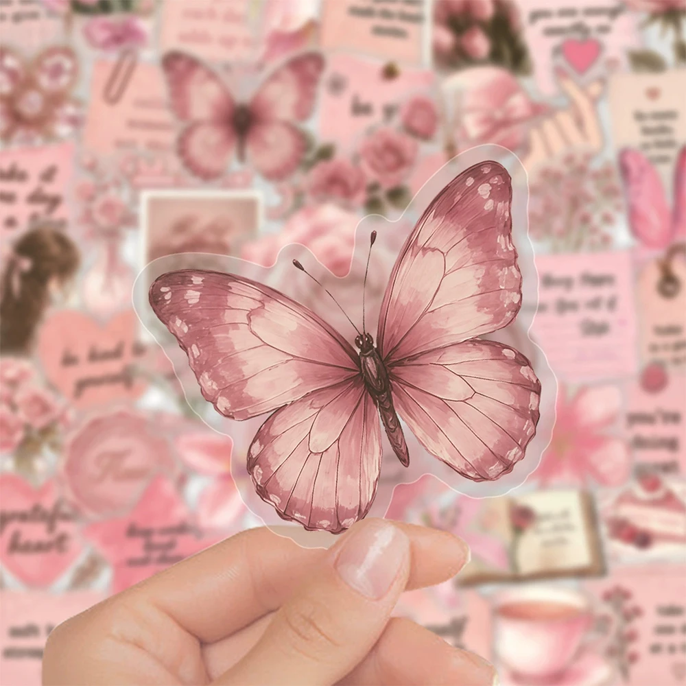 10/30/50pcs Transparent Pink Inspirational Phrase Stickers Watercolor Aesthetic Decals DIY Scrapbook Luggage Phone Sticker Decor