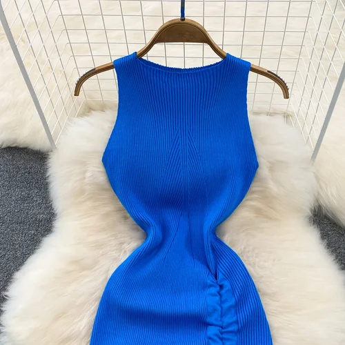 Imagen 2 del producto Verano verde negro bata de punto mujer verano cuello redondo sin mangas Kink ahueca hacia fuera Sexy ajustado vestido ajustado Split Fork Vestidos largos