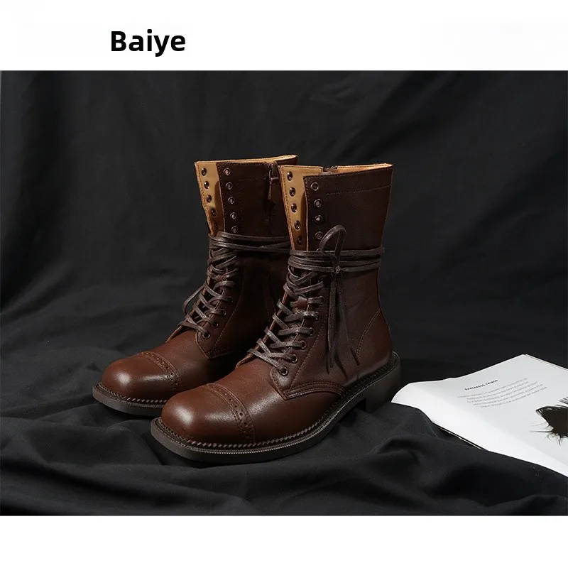 

Мотоциклетные ботинки BIEIE из мягкой кожи с боковой молнией, ботинки Cool Cross Bule Briti Sle до середины икры на плоском каблуке