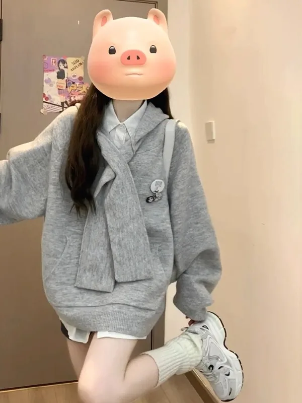 

ay Hooded Knit Sweater Women's Autumn Winter Thiened Lazy Sle High Sensation Japanese Sle Knitted Top College Sle