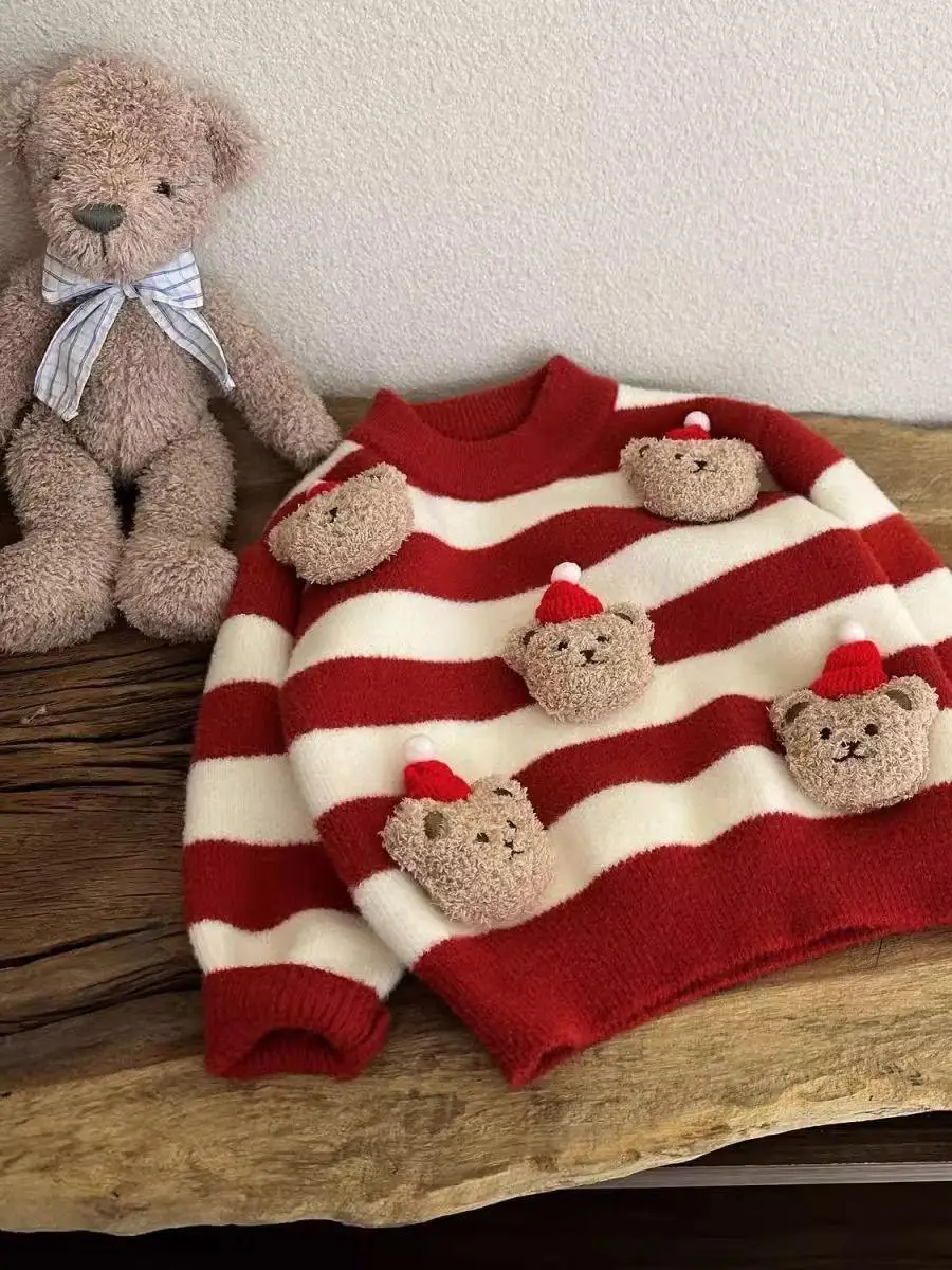 

Новый осенне-зимний вязаный свитер для девочек с узором в виде медведя, в корейском стиле, с длинными рукавами, круглым вырезом, утепленный, повседневный.