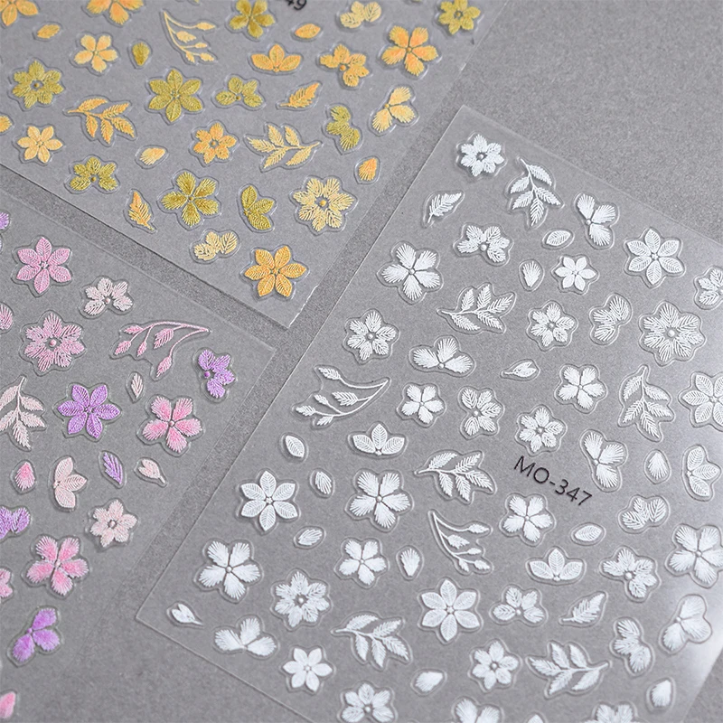 Summer Nail Art Decals Embroidery Design Plants Flower Pure White Pearl Vintage Soft Relief Nail Art Decoration Sticker Manicure