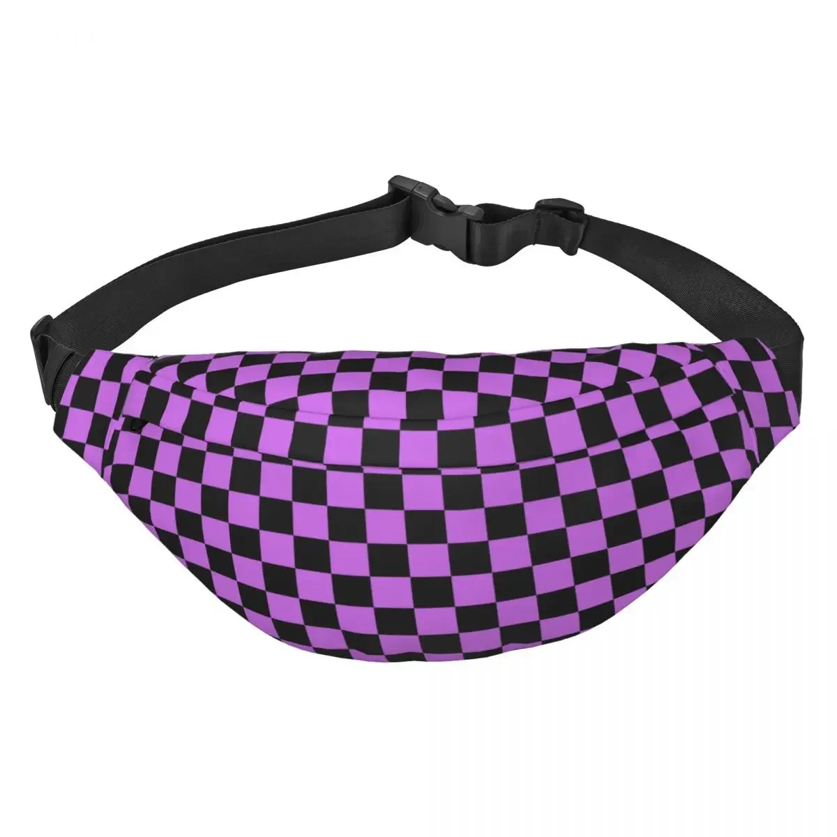 Custom Checkerboard Geometric Plaid Fanny Bag Purple And Black Checkered Sling Crossbody Waist Pack Traveling Phone Money Pouch