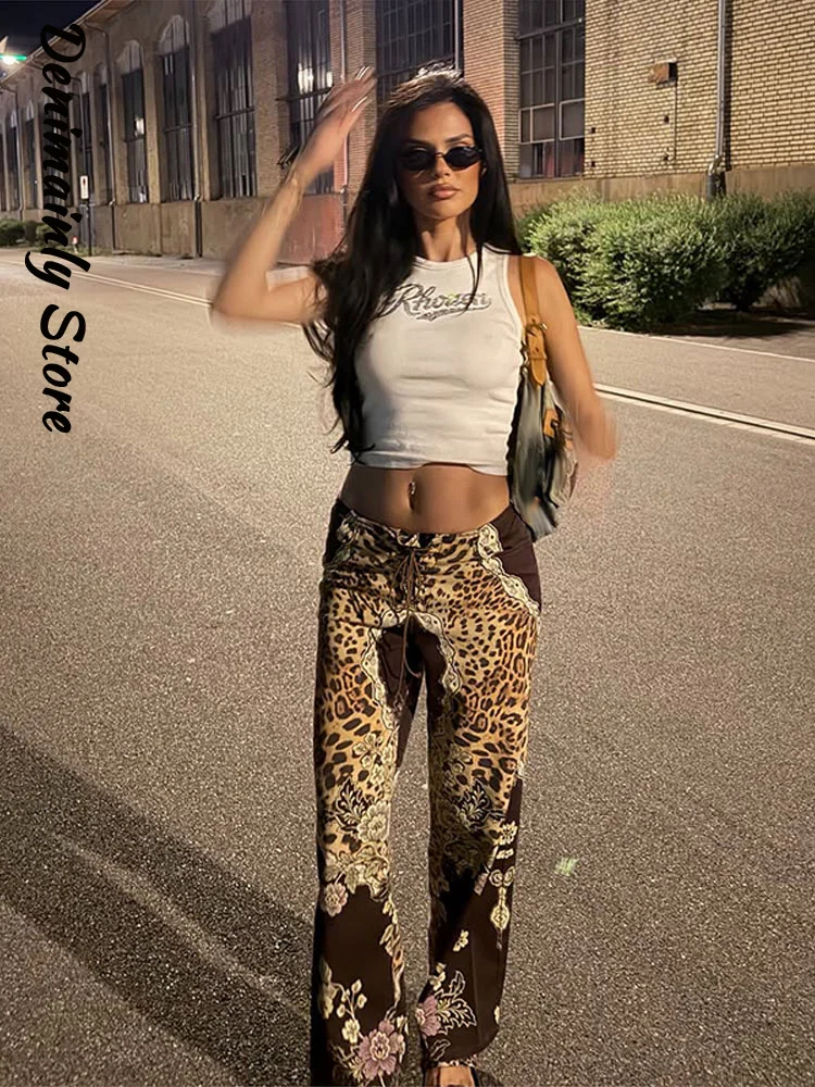 Chic Women's Printed High Waist Pant Lace Up Pockets Straight Leg Female Trousers 2026 Autumn Lady All-match Casual Street Pants