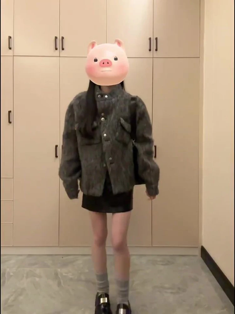 회색 두꺼운 울 코트 여성용 가을 겨울 신상 한국 고급스러운 느낌 트위드 재킷 트렌디 버튼업 긴팔