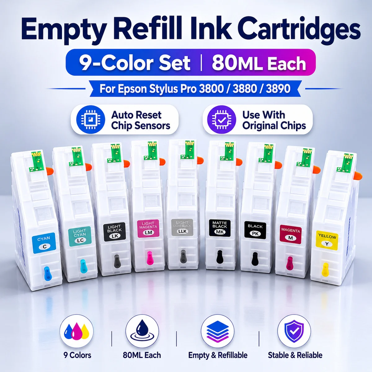80M 9 Colors 3880 Refillable Ink Cartridges with ARC Chips For Epson Stylus Pro3800 3880 3890 3850 Printer Ink Cartridges view 3