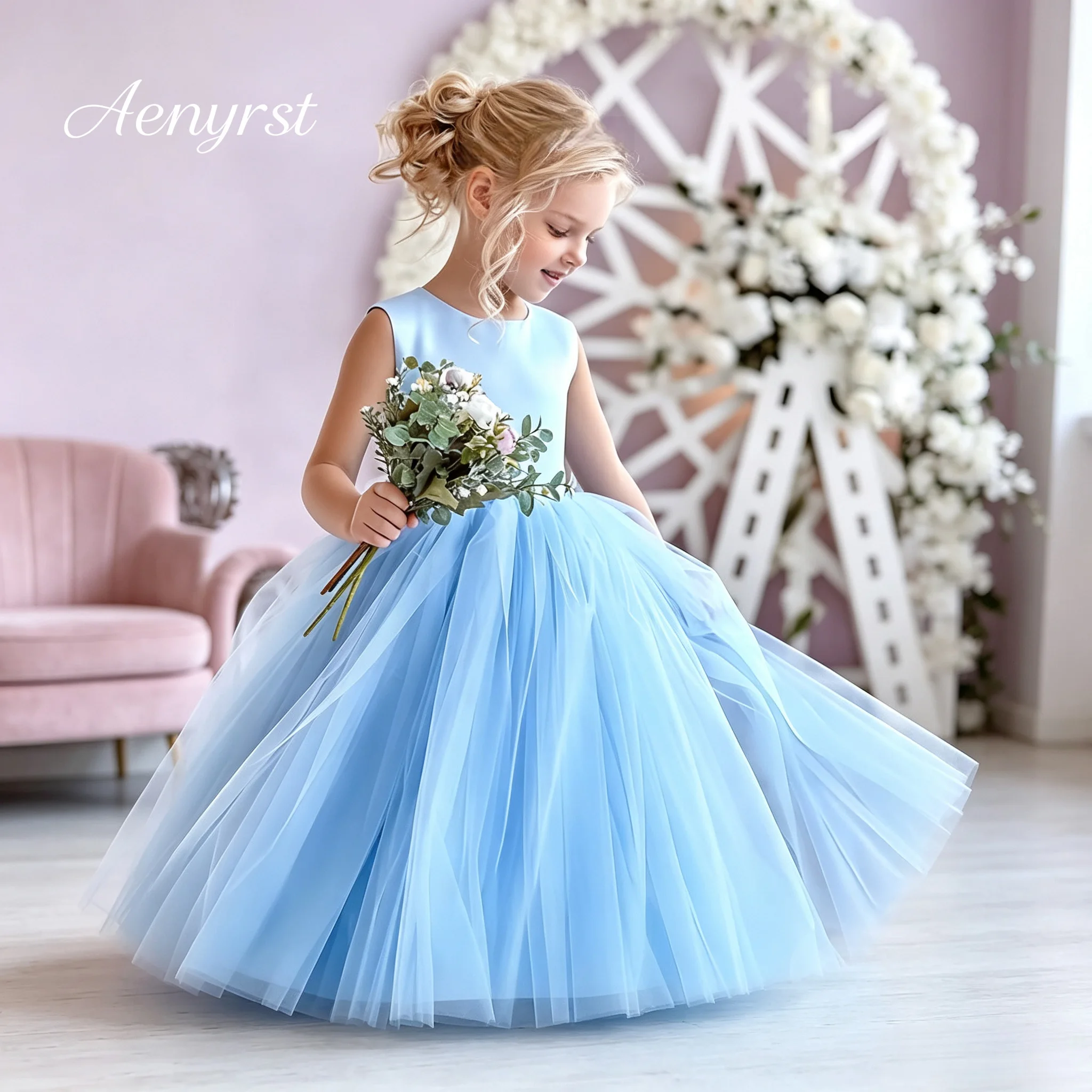 Sleeveless Round Neck Flower Girl Dress Satin Bodice Multi‑Layer Tulle Voluminous Floor Length Gown For Wedding Party Events