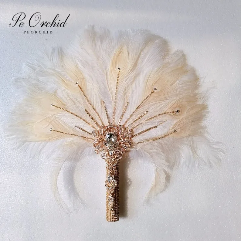 PEORCHID Ostrich Feather Fan Bouquet with Crystal Alternative Bouquet Great Gatsby Wedding Style Artificial Wedding Bouquet