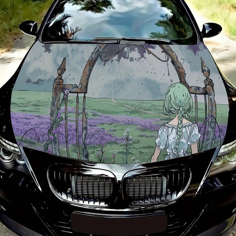 Girl by the Lavender Field car hood stickers, waterproof self-adhesive, scratch resistant, easy to stick, durable car PVC sticke