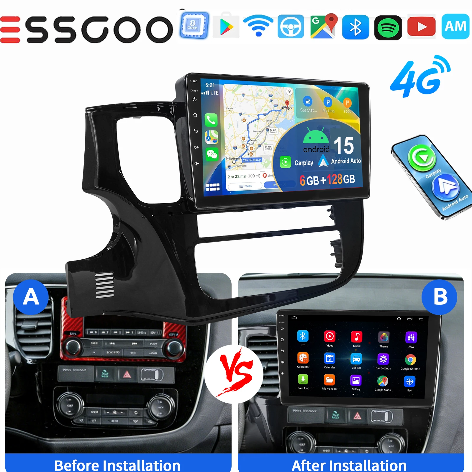 ESSGOO Draadloze Carplay Android auto 10 Inch IPS Aanraakscherm Voor Mitsubishi Outlander 2012-2018 Autoradio Android 15 GPS-navigatie WIFI Stuurwielbediening RDS Bluetooth FM Spiegellink ASP-geluid
