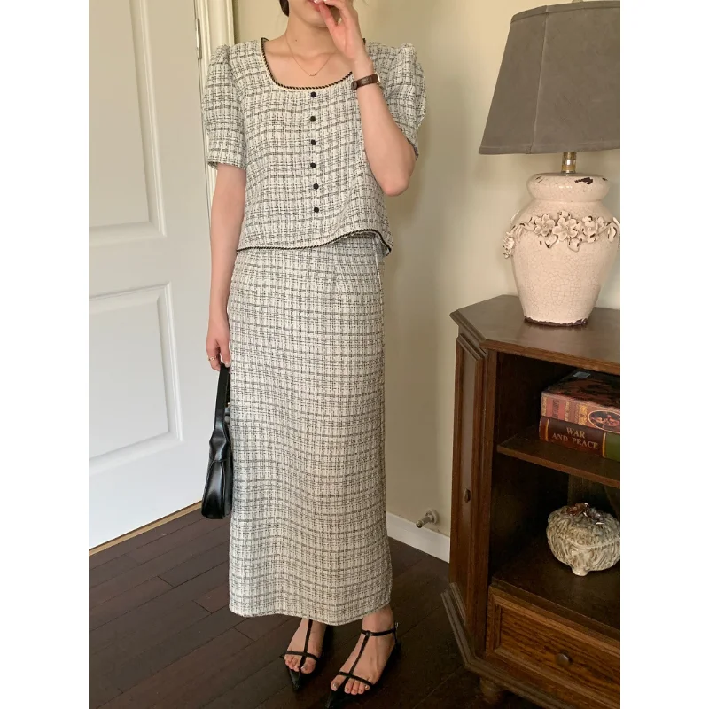 Tweed Grid Two-piece Dress Sets Women Elegant Chic Simple Pure Short Sleeve Tops + Long Skirt Sweet High Waist Casual Lady Suit