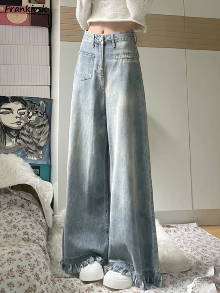 Jeans Women Spring European Style Pockets Tassel Bleached Vintage Loose Comfortable Trendy Leisure Trouser All-match Chic Autumn