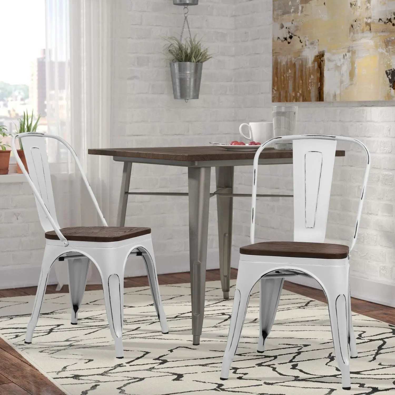 Metal Dining Chairs With Wood Seat Indoor Outdoor Use Stackable Chic Dining Bistro Cafe Side Metal Chairs Set Of Four White